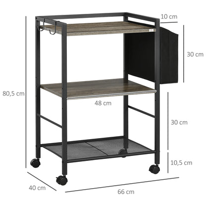 Utility Cart with Wheels 3-Tier Storage Cart with Fabric Bag 2 Hooks and Steel Frame for Living Room Kitchen Dining Room 66x40x80.5 cm Gray