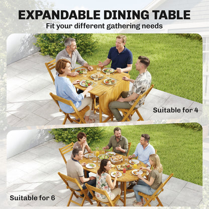 7-Piece FSC Acacia Outdoor Dining Set — Extendable Table & 6 Folding Chairs, Weather-Resistant, Natural Finish, Umbrella Hole
