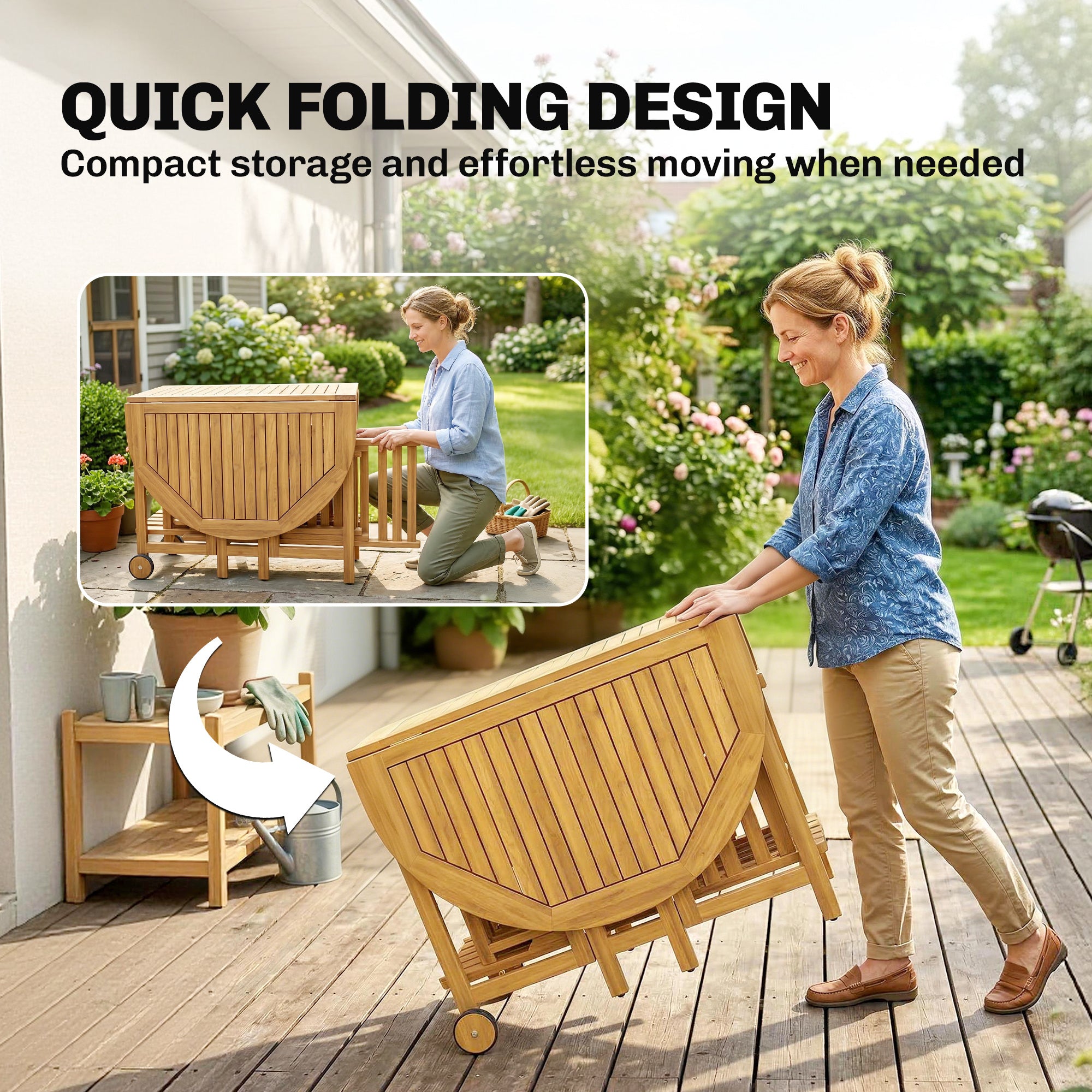 7-Piece FSC Acacia Outdoor Dining Set — Extendable Table & 6 Folding Chairs, Weather-Resistant, Natural Finish, Umbrella Hole