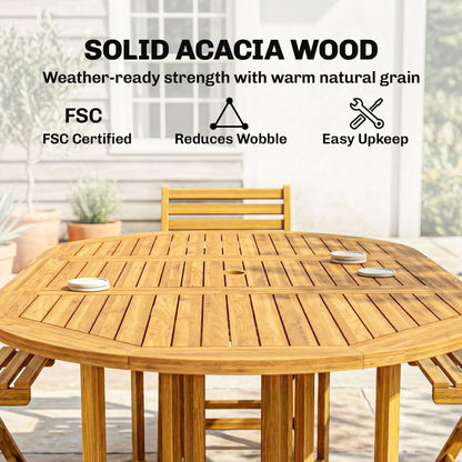 7-Piece FSC Acacia Outdoor Dining Set — Extendable Table & 6 Folding Chairs, Weather-Resistant, Natural Finish, Umbrella Hole