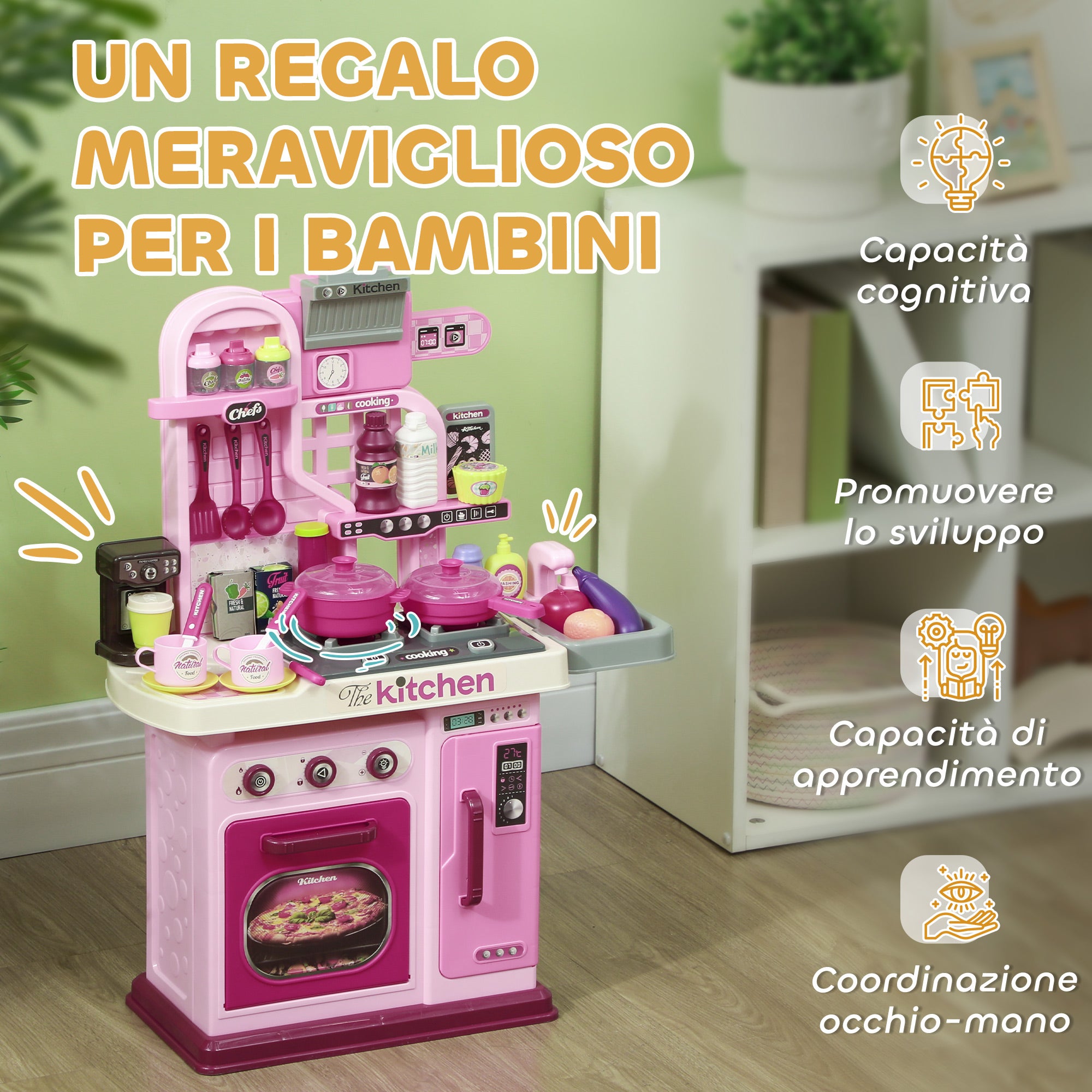 33-Piece Children's Toy Kitchen with Lights, Sounds, and Faucet, Made of PP and ABS, 53x22x69 cm, Pink