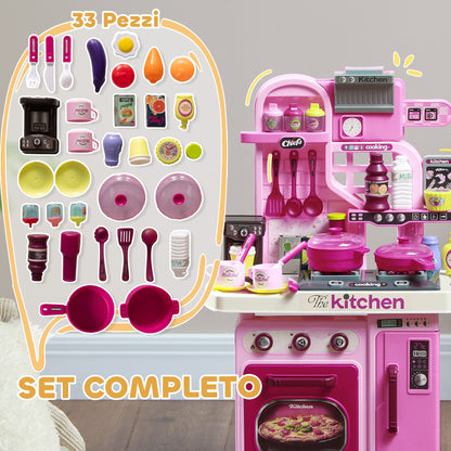 33-Piece Children's Toy Kitchen with Lights, Sounds, and Faucet, Made of PP and ABS, 53x22x69 cm, Pink
