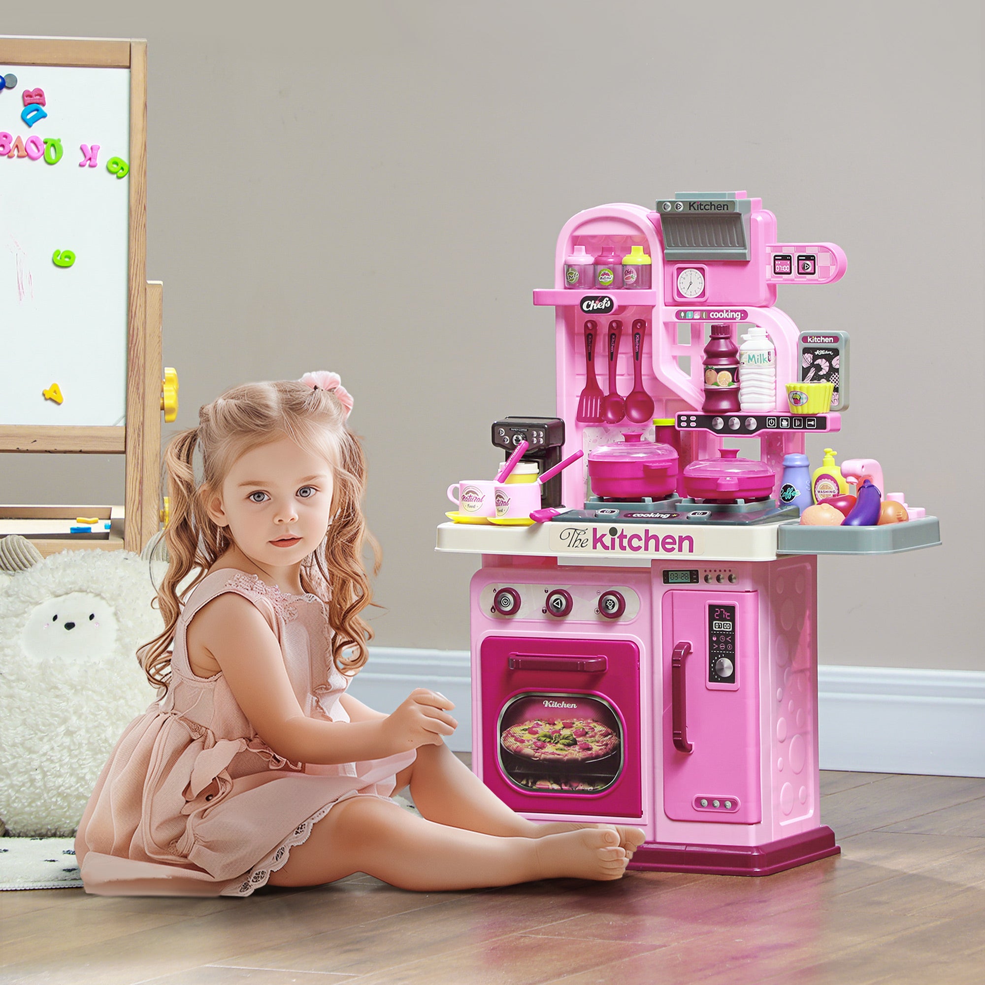 33-Piece Children's Toy Kitchen with Lights, Sounds, and Faucet, Made of PP and ABS, 53x22x69 cm, Pink