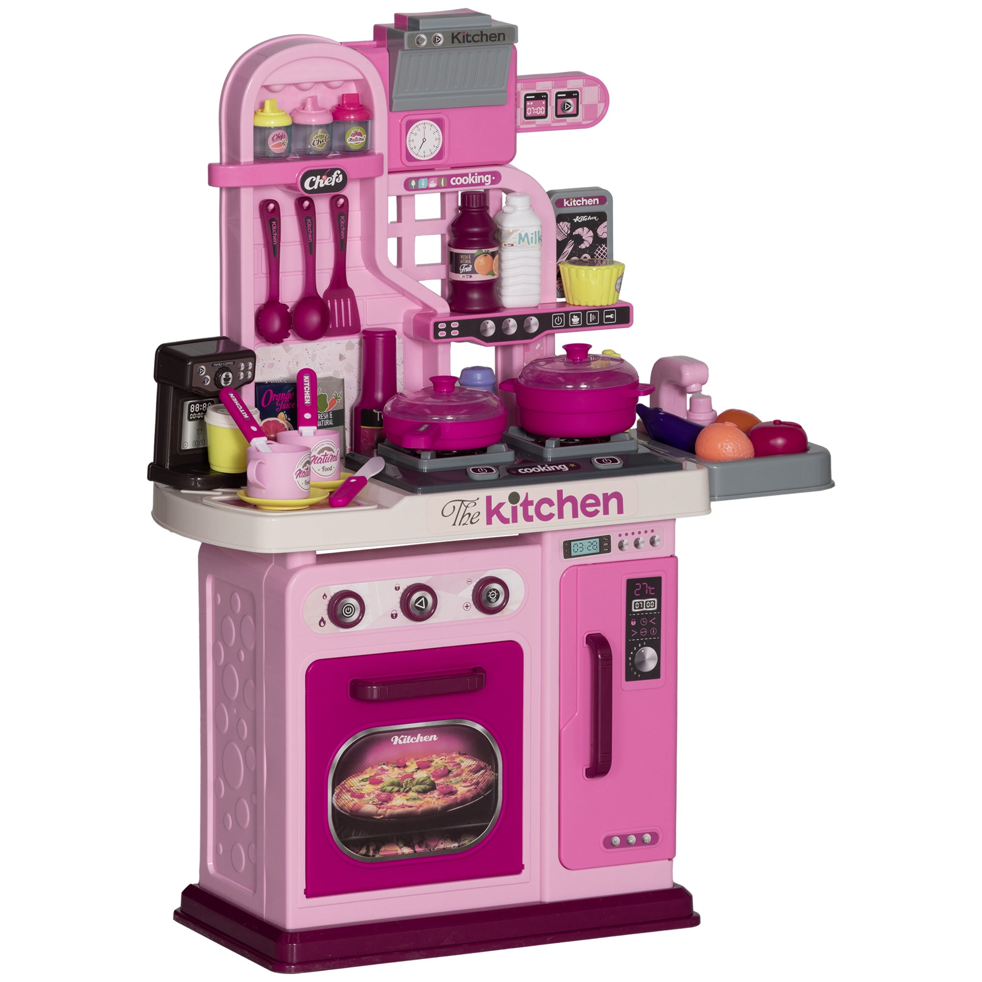 33-Piece Children's Toy Kitchen with Lights, Sounds, and Faucet, Made of PP and ABS, 53x22x69 cm, Pink
