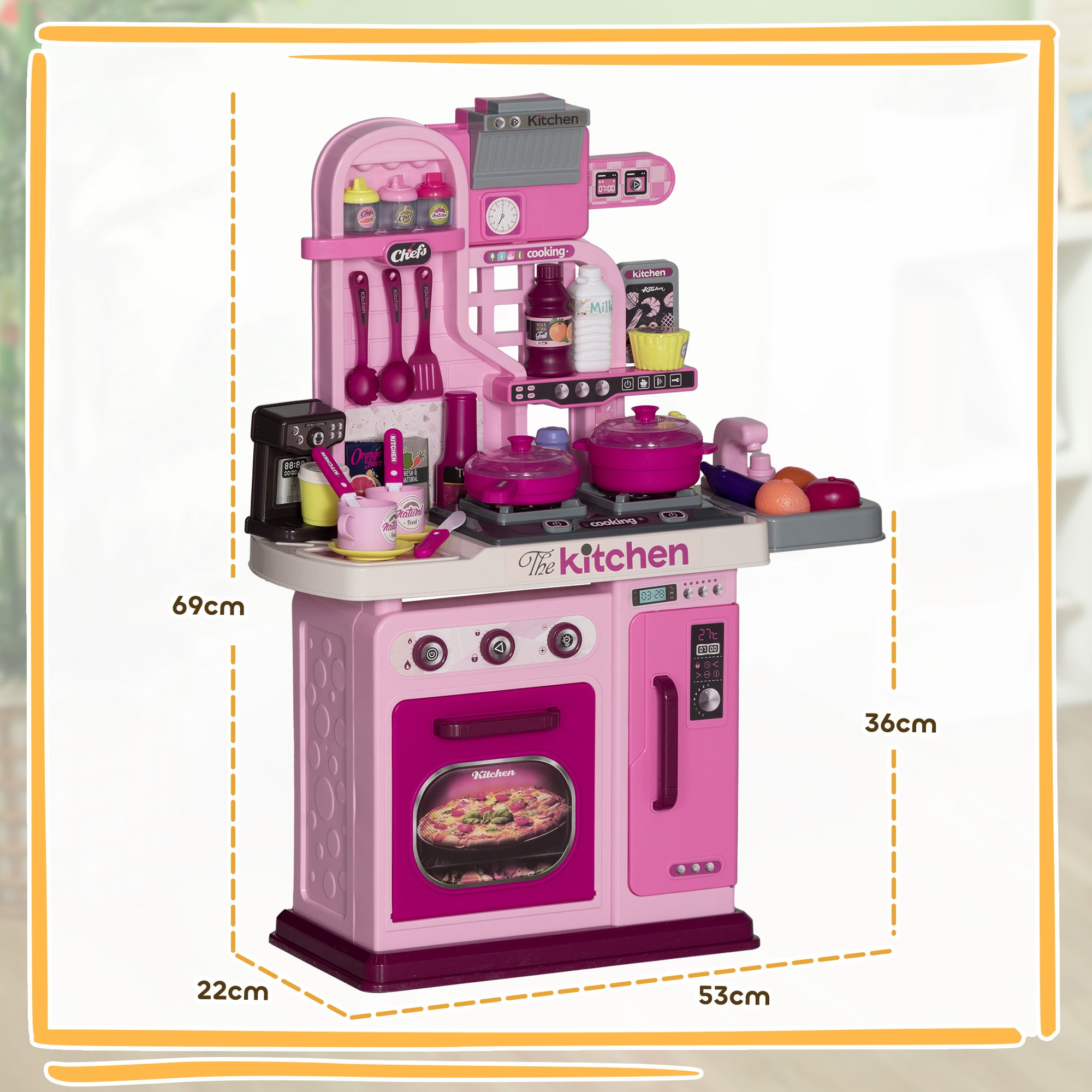 33-Piece Children's Toy Kitchen with Lights, Sounds, and Faucet, Made of PP and ABS, 53x22x69 cm, Pink