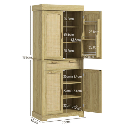 High Boho Style Kitchen Sideboard with 2 Cabinets and a Drawer, Kitchen Cabinet with Wooden and Rattan Spice Racks, 76x40x183cm, Oak