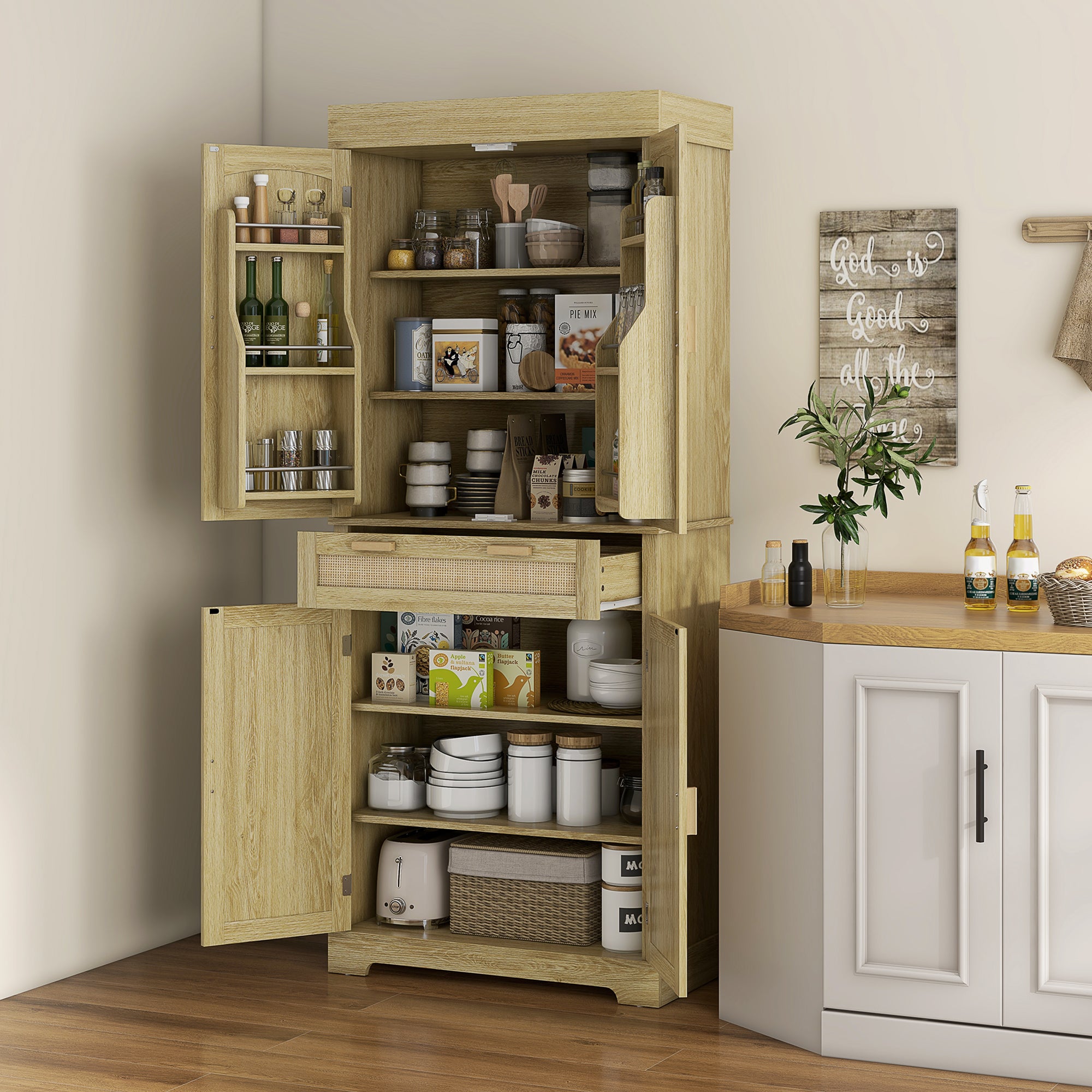 High Boho Style Kitchen Sideboard with 2 Cabinets and a Drawer, Kitchen Cabinet with Wooden and Rattan Spice Racks, 76x40x183cm, Oak