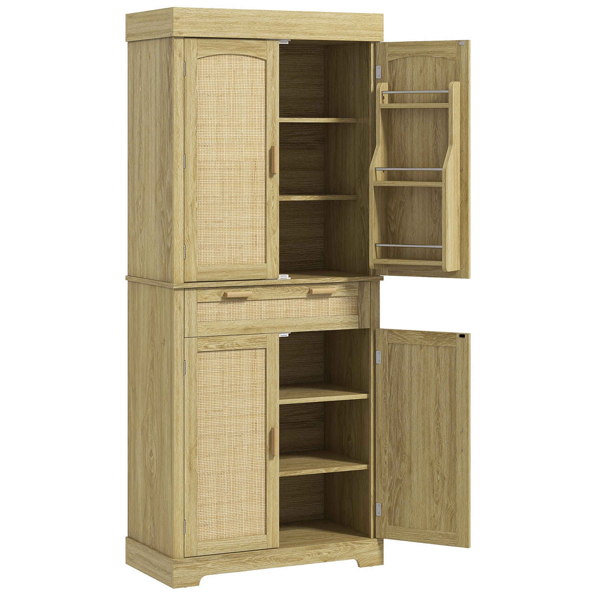 High Boho Style Kitchen Sideboard with 2 Cabinets and a Drawer, Kitchen Cabinet with Wooden and Rattan Spice Racks, 76x40x183cm, Oak
