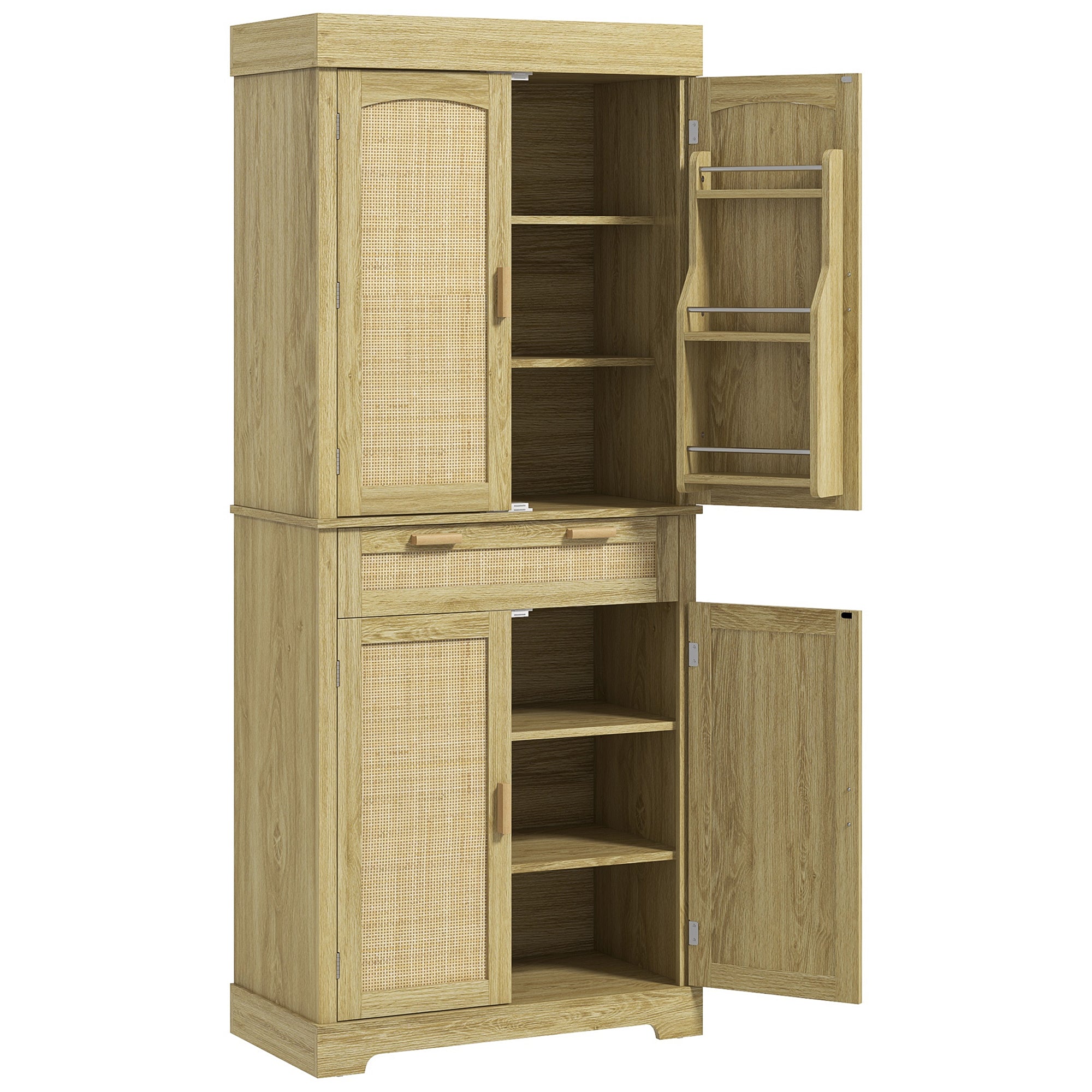 High Boho Style Kitchen Sideboard with 2 Cabinets and a Drawer, Kitchen Cabinet with Wooden and Rattan Spice Racks, 76x40x183cm, Oak