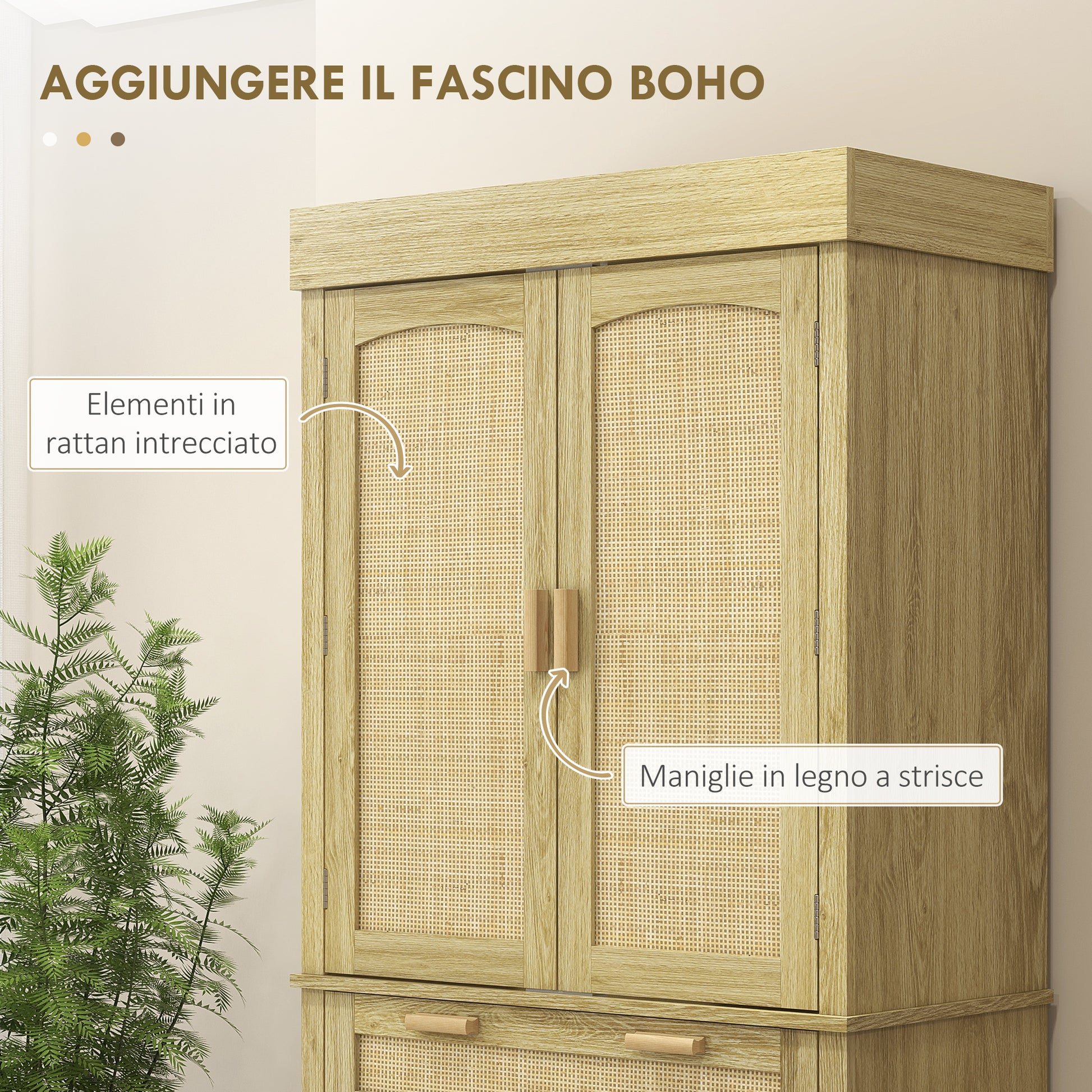 High Boho Style Kitchen Sideboard with 2 Cabinets and a Drawer, Kitchen Cabinet with Wooden and Rattan Spice Racks, 76x40x183cm, Oak