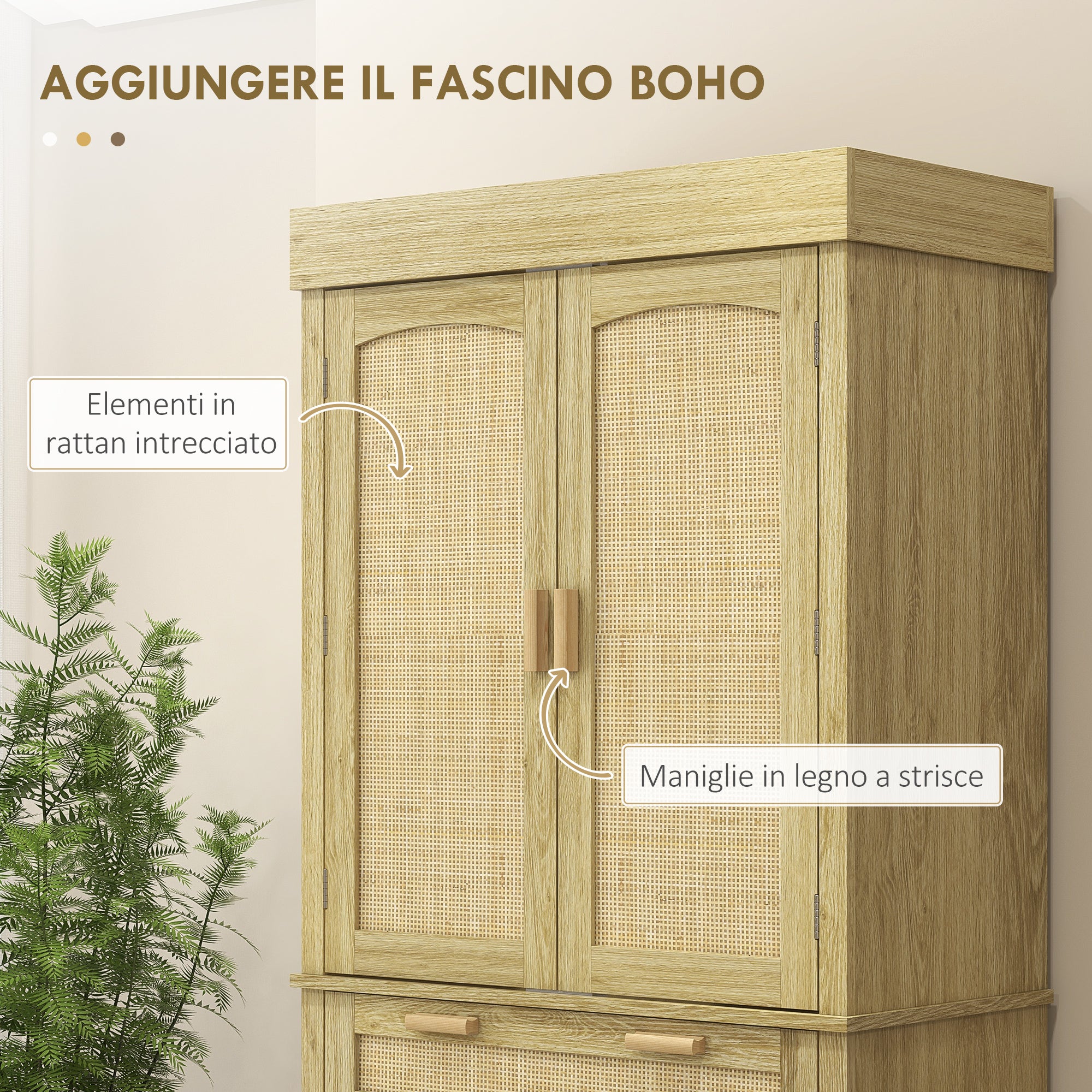 High Boho Style Kitchen Sideboard with 2 Cabinets and a Drawer, Kitchen Cabinet with Wooden and Rattan Spice Racks, 76x40x183cm, Oak