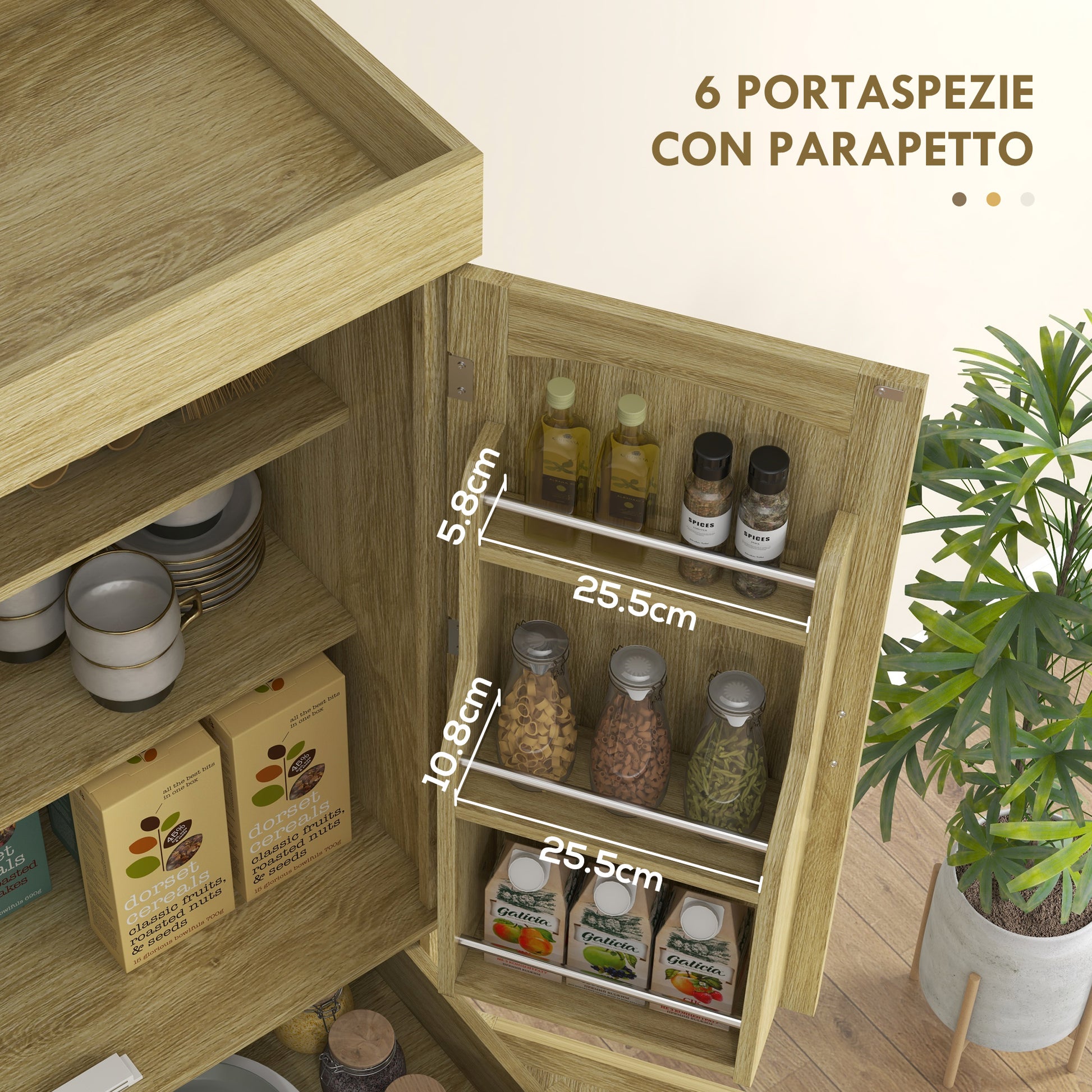 High Boho Style Kitchen Sideboard with 2 Cabinets and a Drawer, Kitchen Cabinet with Wooden and Rattan Spice Racks, 76x40x183cm, Oak