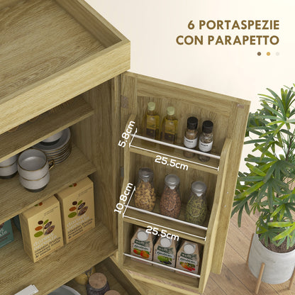 High Boho Style Kitchen Sideboard with 2 Cabinets and a Drawer, Kitchen Cabinet with Wooden and Rattan Spice Racks, 76x40x183cm, Oak