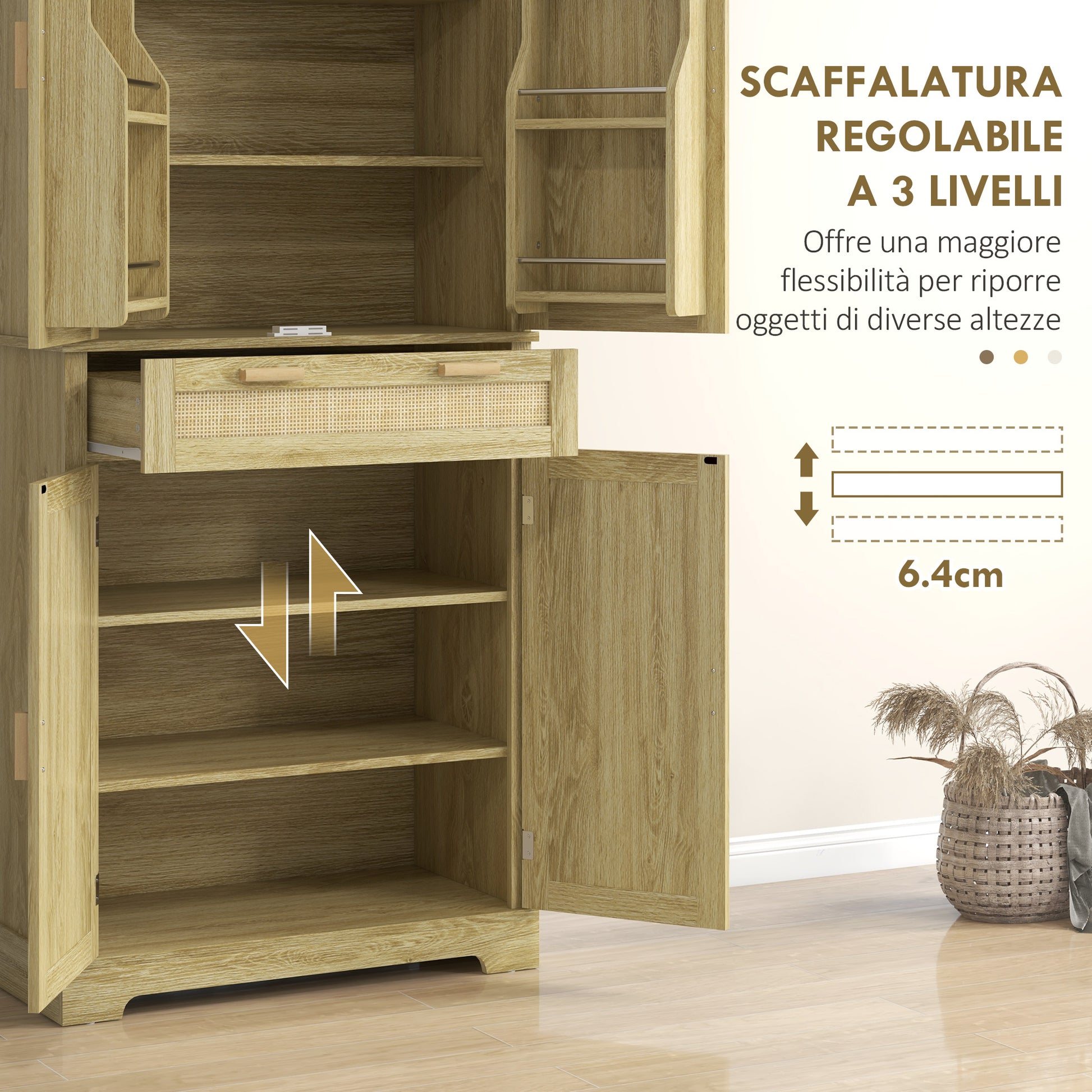 High Boho Style Kitchen Sideboard with 2 Cabinets and a Drawer, Kitchen Cabinet with Wooden and Rattan Spice Racks, 76x40x183cm, Oak