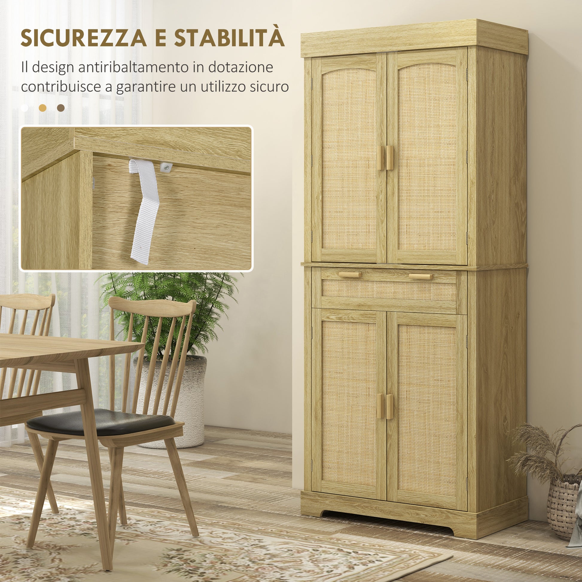 High Boho Style Kitchen Sideboard with 2 Cabinets and a Drawer, Kitchen Cabinet with Wooden and Rattan Spice Racks, 76x40x183cm, Oak