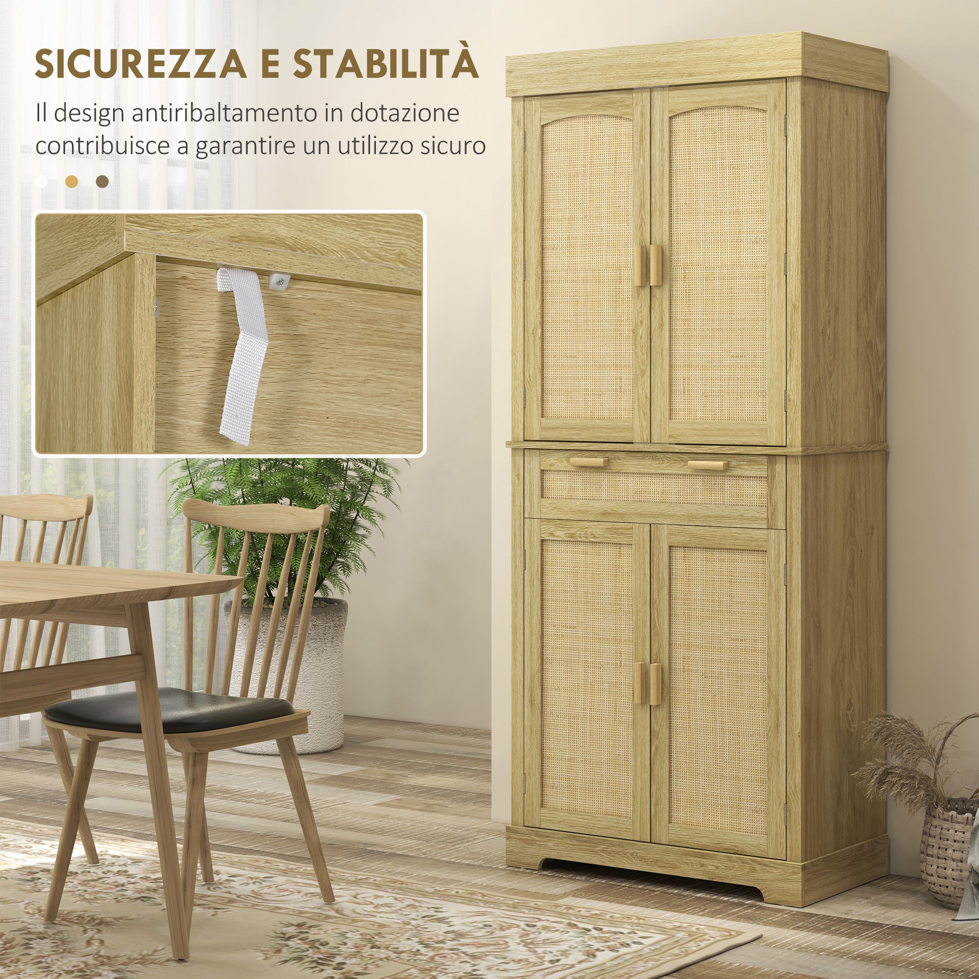 High Boho Style Kitchen Sideboard with 2 Cabinets and a Drawer, Kitchen Cabinet with Wooden and Rattan Spice Racks, 76x40x183cm, Oak