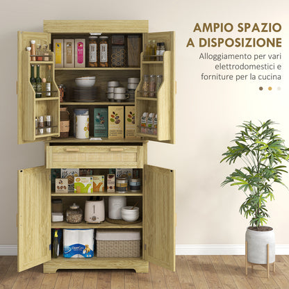 High Boho Style Kitchen Sideboard with 2 Cabinets and a Drawer, Kitchen Cabinet with Wooden and Rattan Spice Racks, 76x40x183cm, Oak