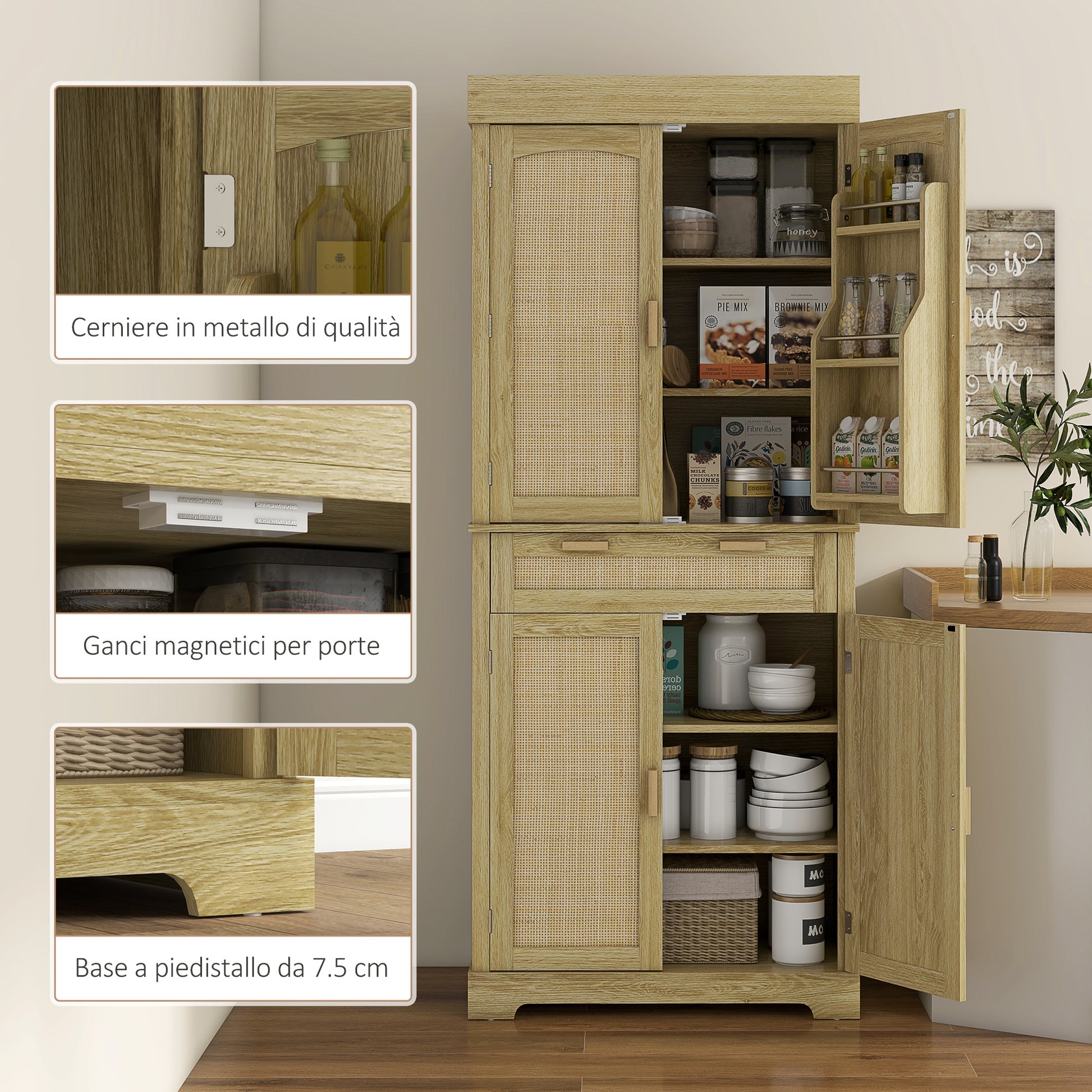 High Boho Style Kitchen Sideboard with 2 Cabinets and a Drawer, Kitchen Cabinet with Wooden and Rattan Spice Racks, 76x40x183cm, Oak