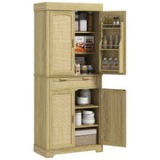 High Boho Style Kitchen Sideboard with 2 Cabinets and a Drawer, Kitchen Cabinet with Wooden and Rattan Spice Racks, 76x40x183cm, Oak