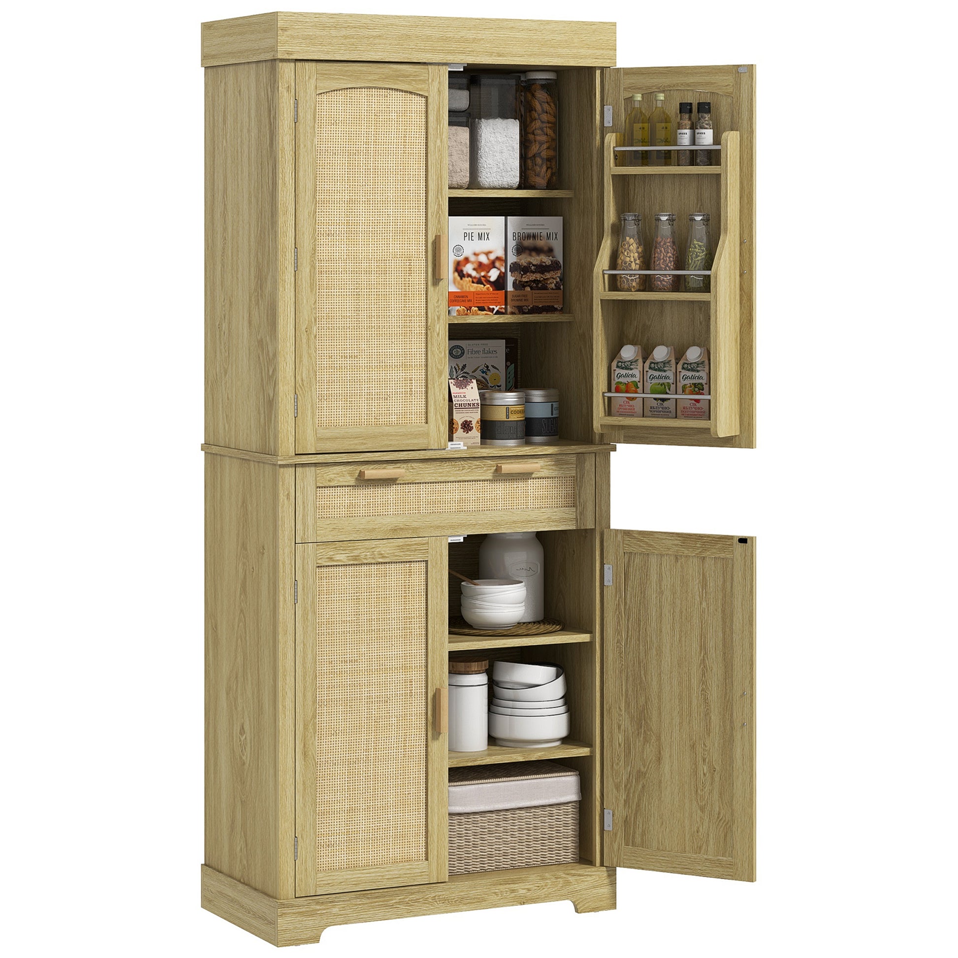 High Boho Style Kitchen Sideboard with 2 Cabinets and a Drawer, Kitchen Cabinet with Wooden and Rattan Spice Racks, 76x40x183cm, Oak