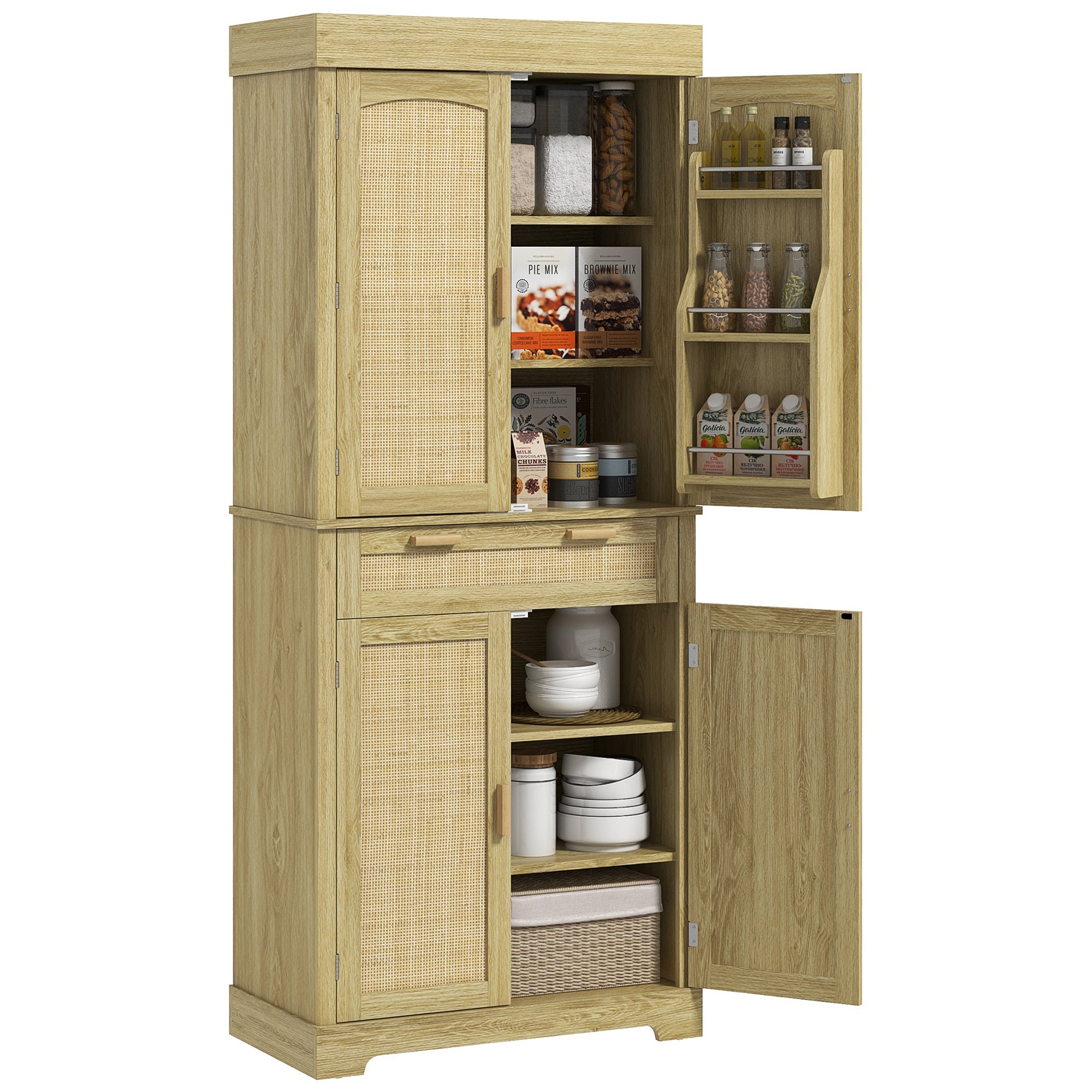 High Boho Style Kitchen Sideboard with 2 Cabinets and a Drawer, Kitchen Cabinet with Wooden and Rattan Spice Racks, 76x40x183cm, Oak