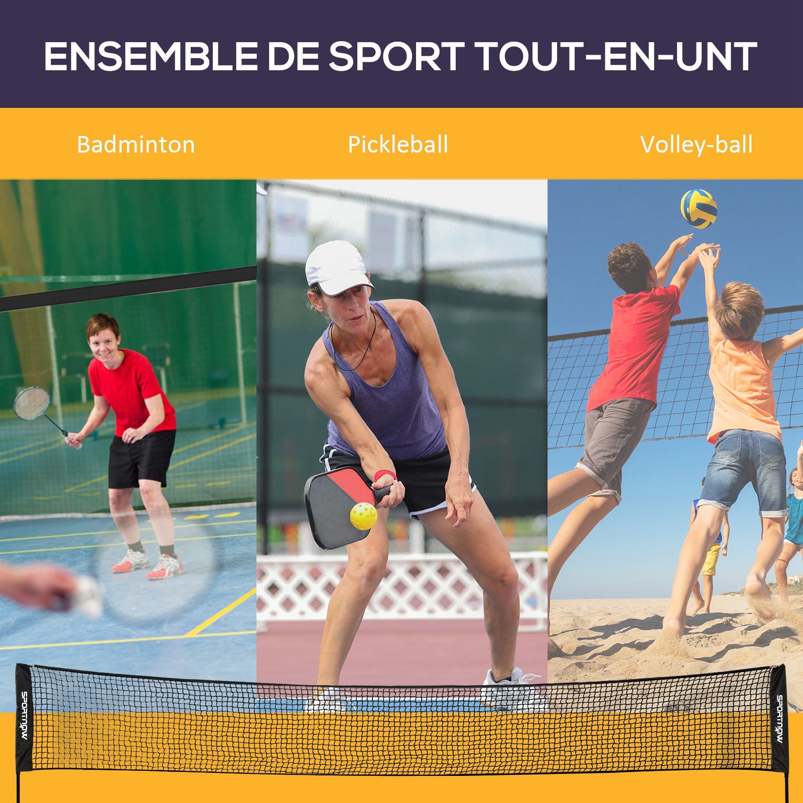 SPORTNOW Complete set of badminton, pickleball, and volleyball, 3 in 1, outdoor sports games with adjustable net height 107-155 cm