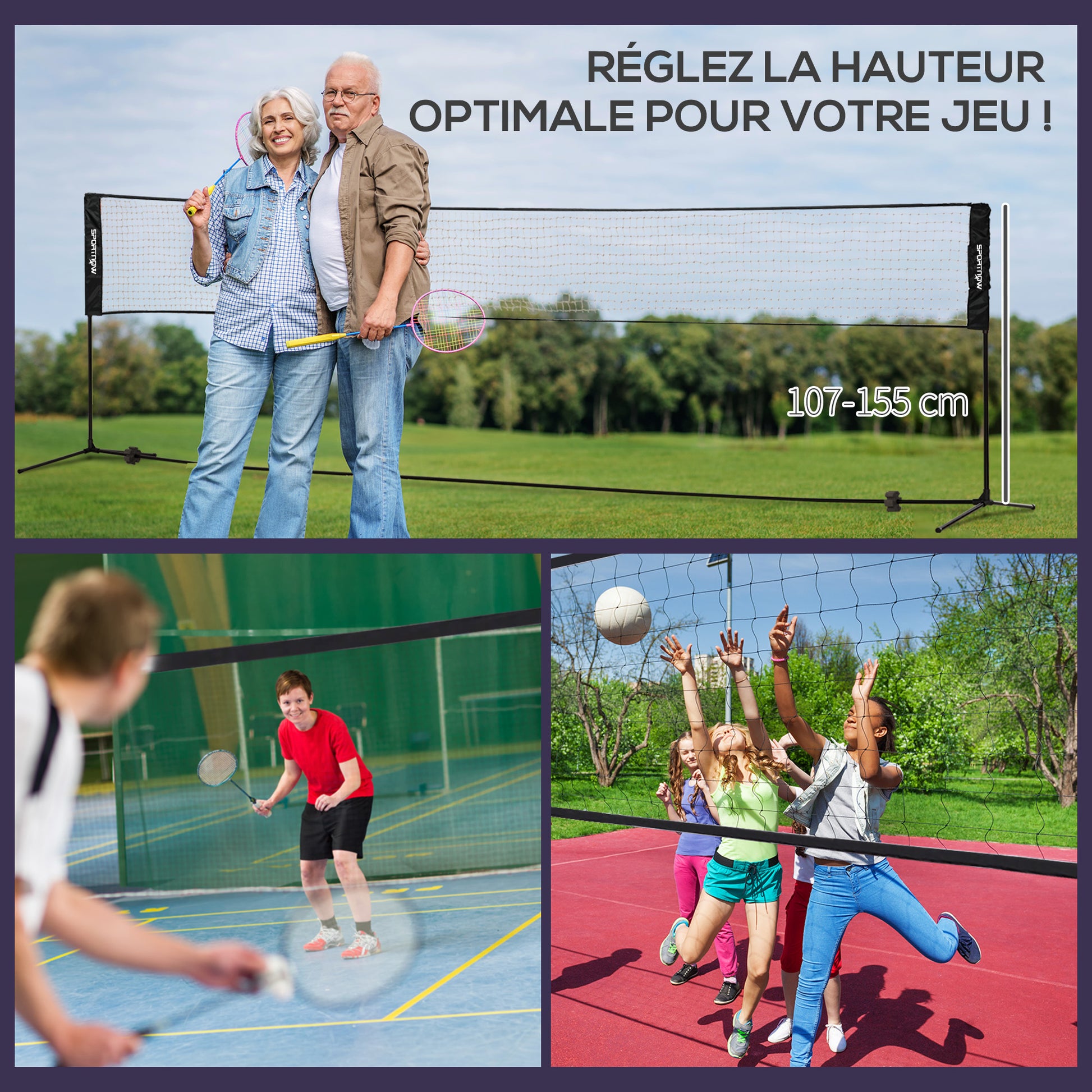 SPORTNOW Complete set of badminton, pickleball, and volleyball, 3 in 1, outdoor sports games with adjustable net height 107-155 cm