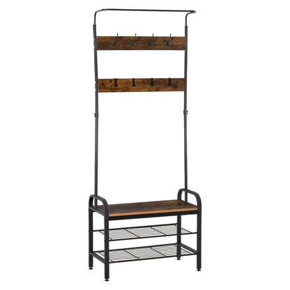 Coat Rack Shoe Rack Clothes Rack with 8 Hooks 2 Shelves MDF Black 28.3 x 13.4 x 72.8 inches