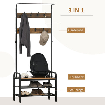 Coat Rack Shoe Rack Clothes Rack with 8 Hooks 2 Shelves MDF Black 28.3 x 13.4 x 72.8 inches