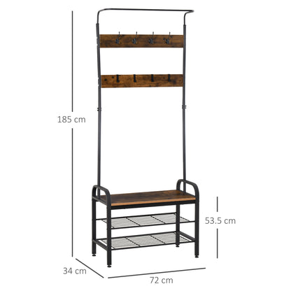 Coat Rack Shoe Rack Clothes Rack with 8 Hooks 2 Shelves MDF Black 28.3 x 13.4 x 72.8 inches
