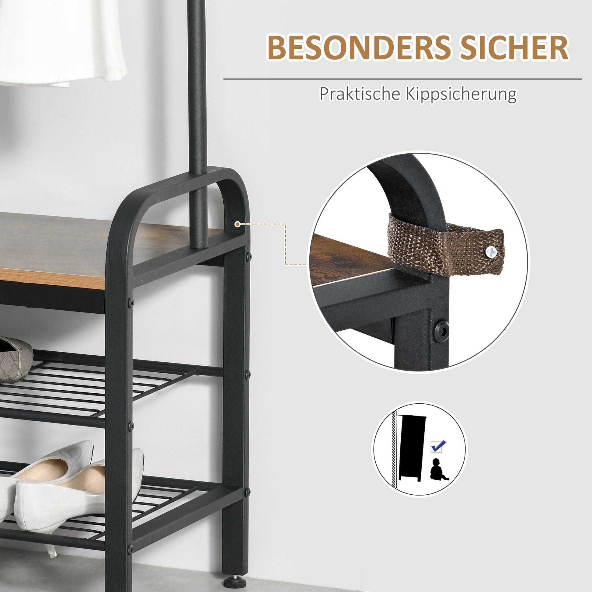 Coat Rack Shoe Rack Clothes Rack with 8 Hooks 2 Shelves MDF Black 28.3 x 13.4 x 72.8 inches