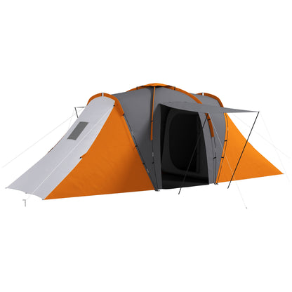 Tunnel Tent for 4–6 People — 2 Bedrooms + Living Area, 2000 mm Waterproof, Gray & Orange