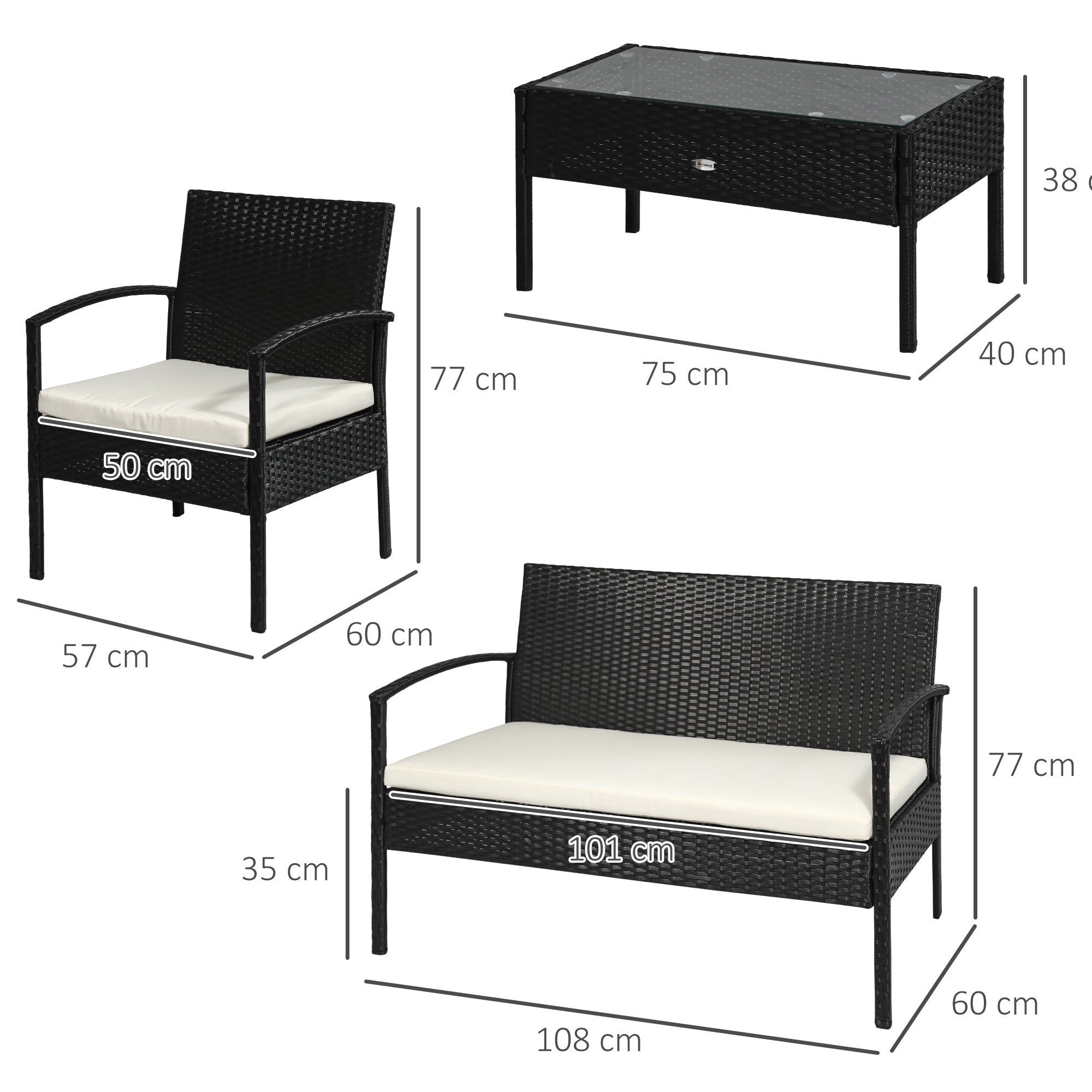 Poly Rattan Seating Group Set Lounge Sofa Garden Set 7 pcs with Cushions, Black
