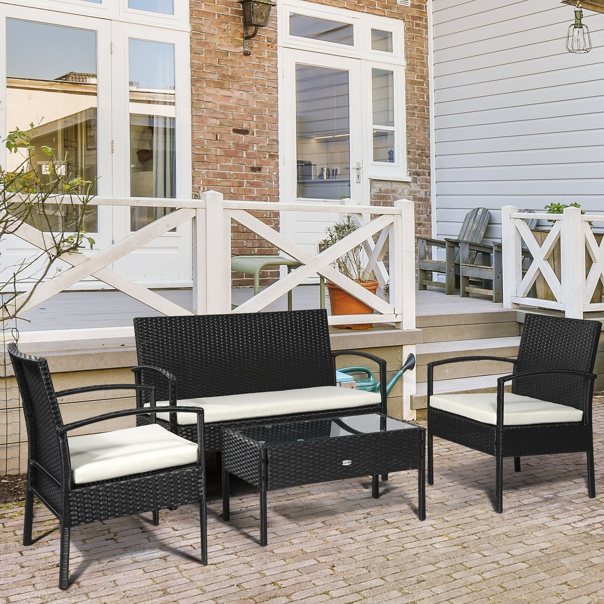 Poly Rattan Seating Group Set Lounge Sofa Garden Set 7 pcs with Cushions, Black