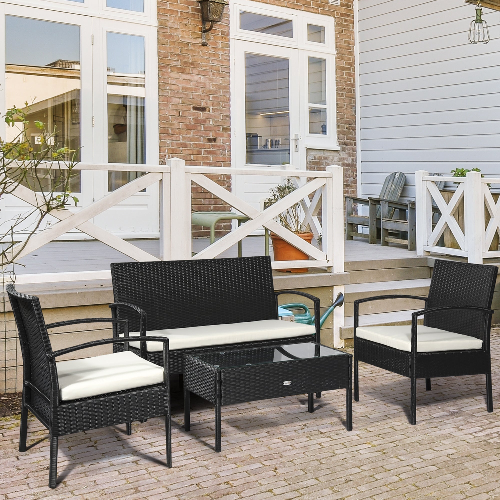 Poly Rattan Seating Group Set Lounge Sofa Garden Set 7 pcs with Cushions, Black