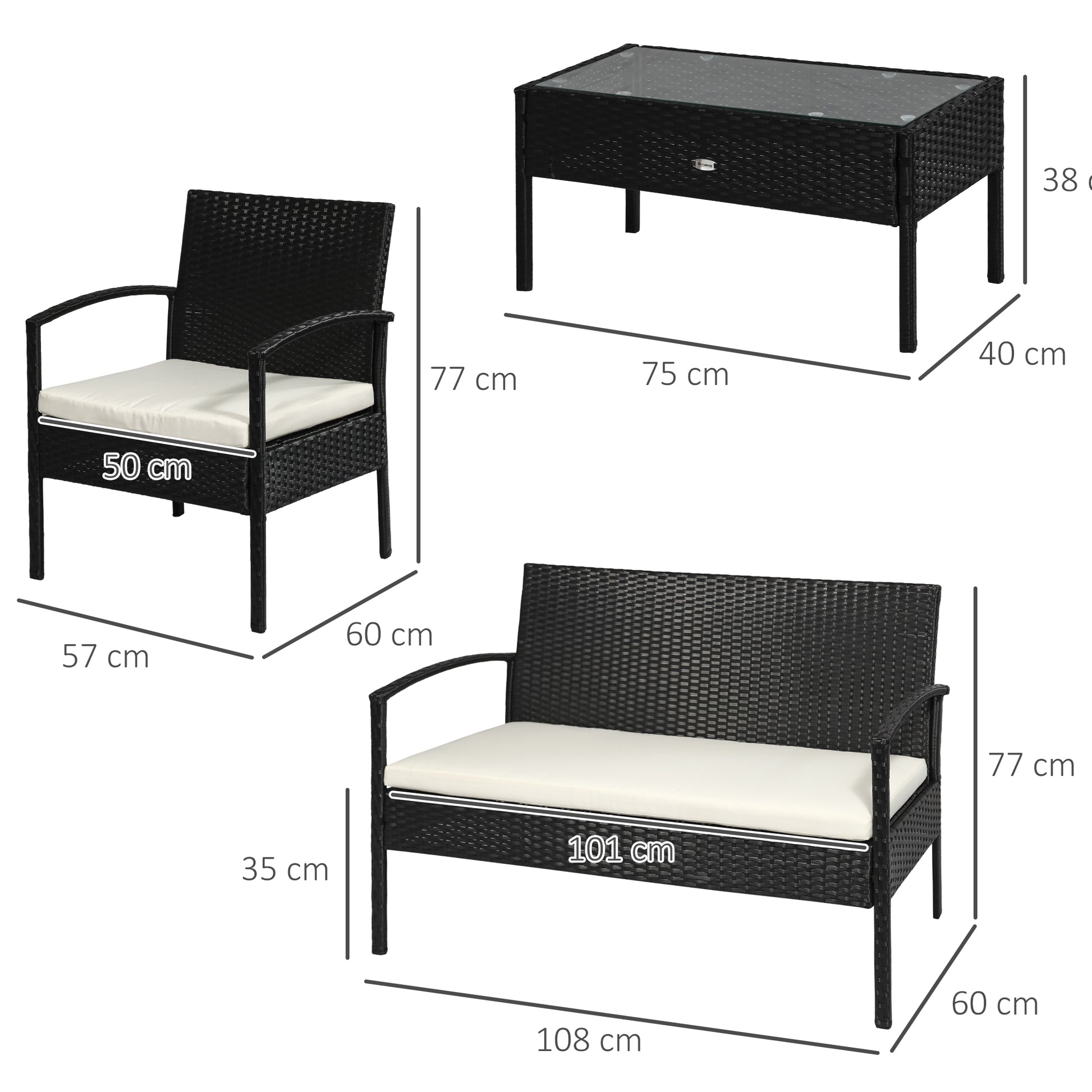Poly Rattan Seating Group Set Lounge Sofa Garden Set 7 pcs with Cushions, Black