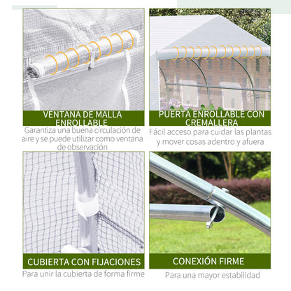Outdoor Tunnel Greenhouse 445x300x205 cm Garden Greenhouse with 6 Windows and 140 gsm PE Polyethylene Cover for Plants Flowers Vegetables in White Patio