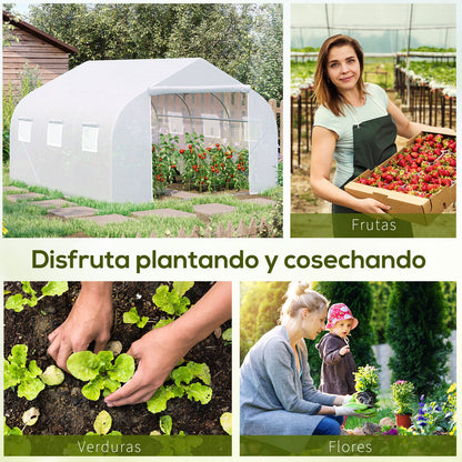 Outdoor Tunnel Greenhouse 445x300x205 cm Garden Greenhouse with 6 Windows and 140 gsm PE Polyethylene Cover for Plants Flowers Vegetables in White Patio