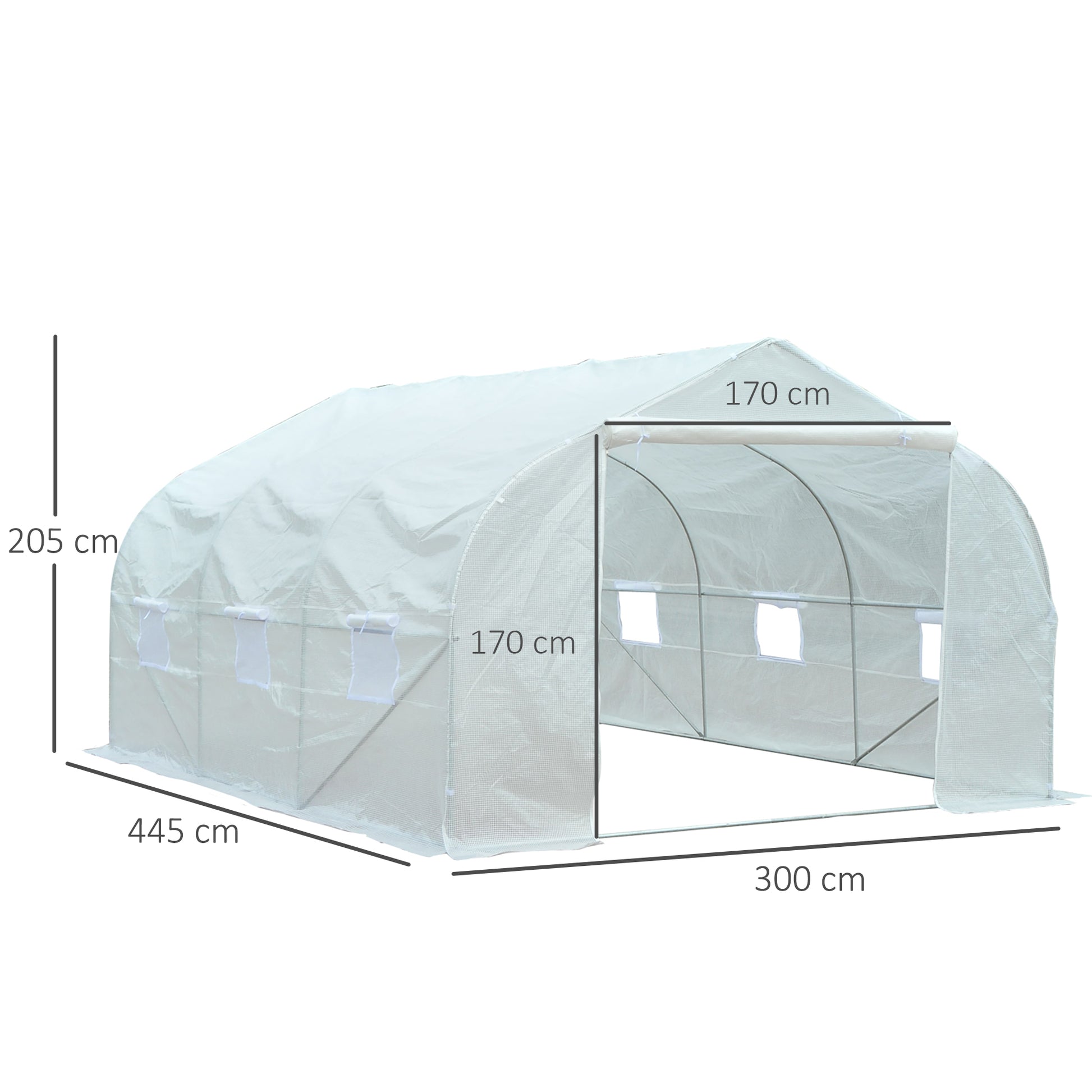 Outdoor Tunnel Greenhouse 445x300x205 cm Garden Greenhouse with 6 Windows and 140 gsm PE Polyethylene Cover for Plants Flowers Vegetables in White Patio