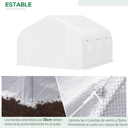 Outdoor Tunnel Greenhouse 445x300x205 cm Garden Greenhouse with 6 Windows and 140 gsm PE Polyethylene Cover for Plants Flowers Vegetables in White Patio