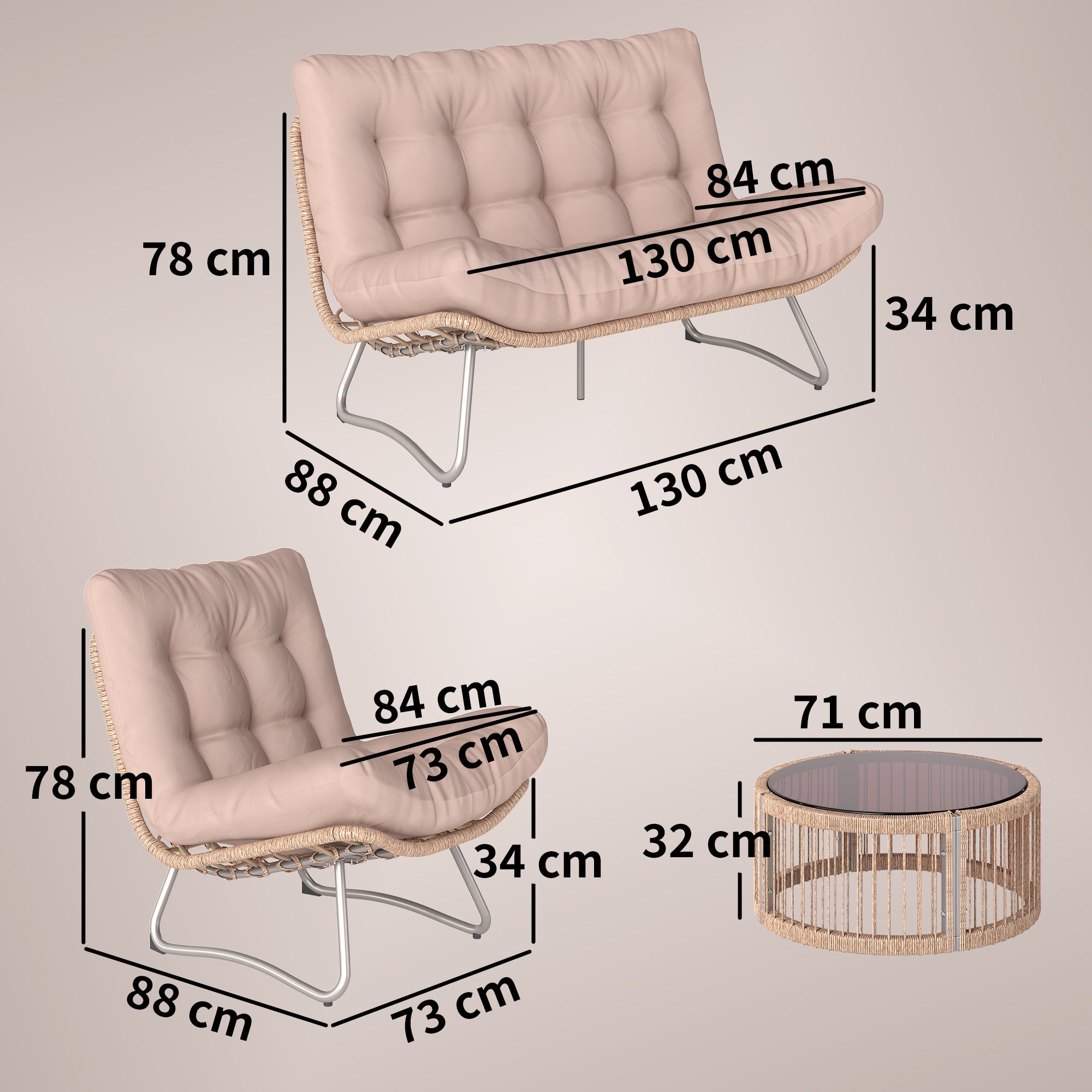 4-Piece Garden Furniture Set – PE Rattan Lounge with 2-Seater Sofa, 2 Chairs, Glass Table, Deep Seats & Thick Cushions, Modular Balcony/Patio Set for 4, Brown