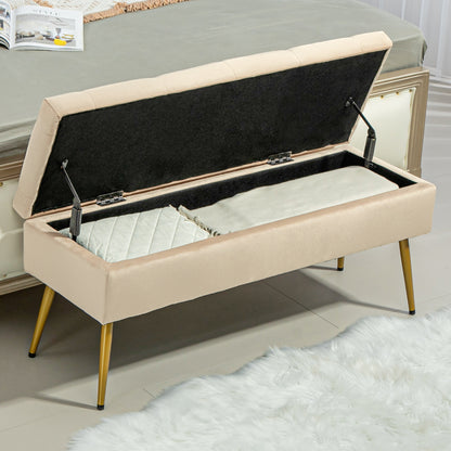 Storage Bench with Upholstered Seat, Ottoman with Lid, Bed Bench with Velvet Look, for Hallway Bedroom Living Room, Metal Frame 102 x 35 x 43 cm Beige