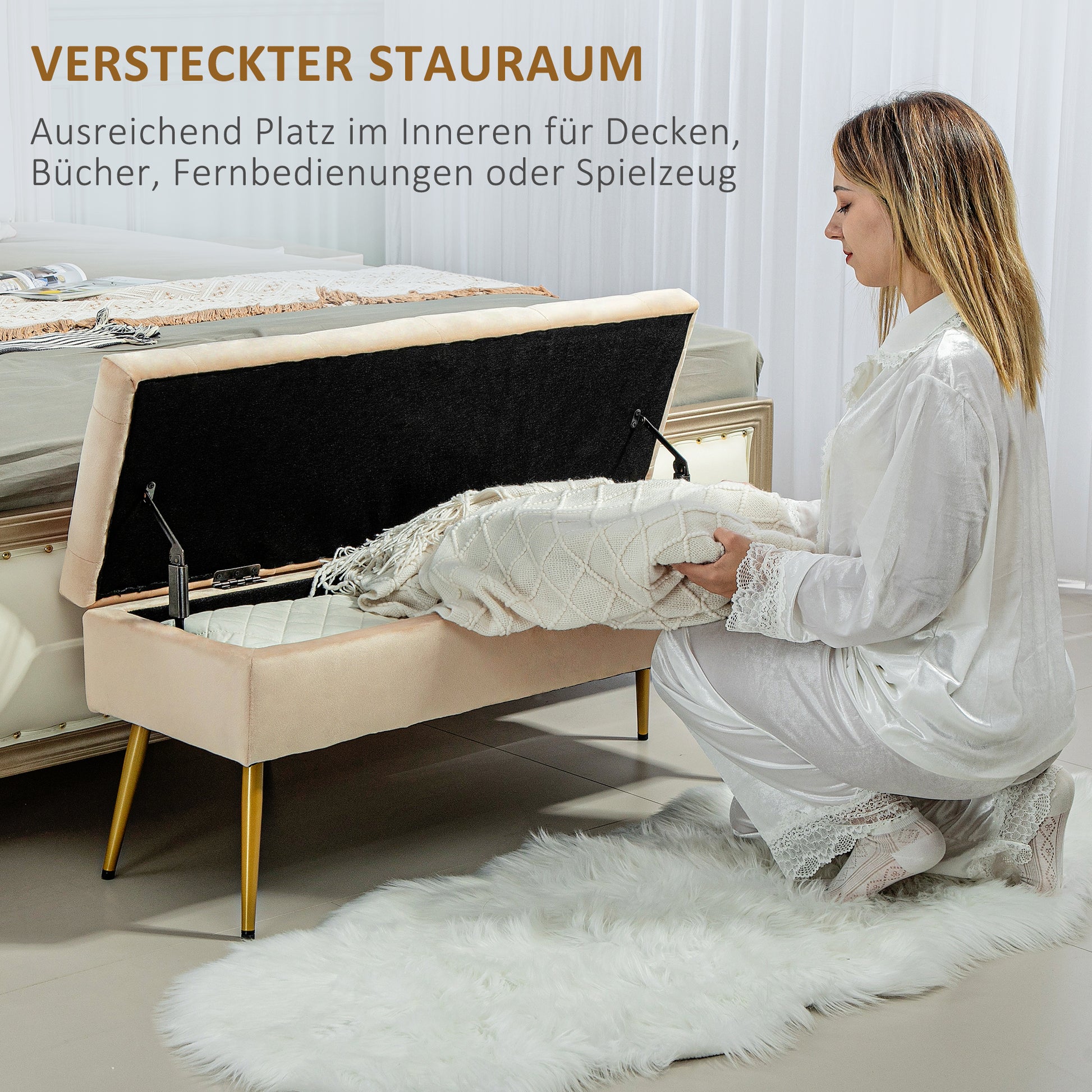 Storage Bench with Upholstered Seat, Ottoman with Lid, Bed Bench with Velvet Look, for Hallway Bedroom Living Room, Metal Frame 102 x 35 x 43 cm Beige