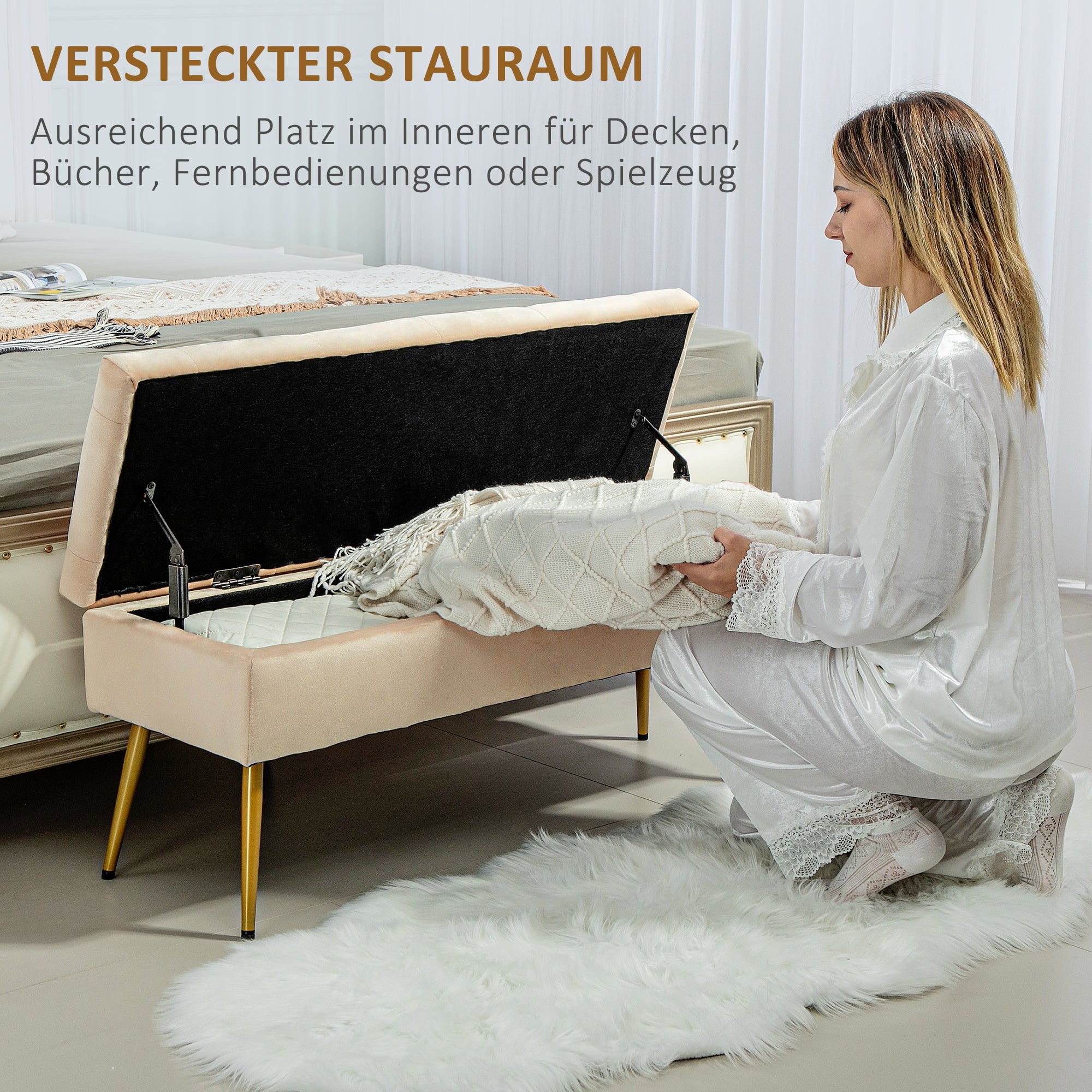 Storage Bench with Upholstered Seat, Ottoman with Lid, Bed Bench with Velvet Look, for Hallway Bedroom Living Room, Metal Frame 102 x 35 x 43 cm Beige