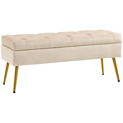 Storage Bench with Upholstered Seat, Ottoman with Lid, Bed Bench with Velvet Look, for Hallway Bedroom Living Room, Metal Frame 102 x 35 x 43 cm Beige