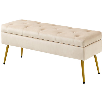 Storage Bench with Upholstered Seat, Ottoman with Lid, Bed Bench with Velvet Look, for Hallway Bedroom Living Room, Metal Frame 102 x 35 x 43 cm Beige