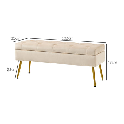 Storage Bench with Upholstered Seat, Ottoman with Lid, Bed Bench with Velvet Look, for Hallway Bedroom Living Room, Metal Frame 102 x 35 x 43 cm Beige