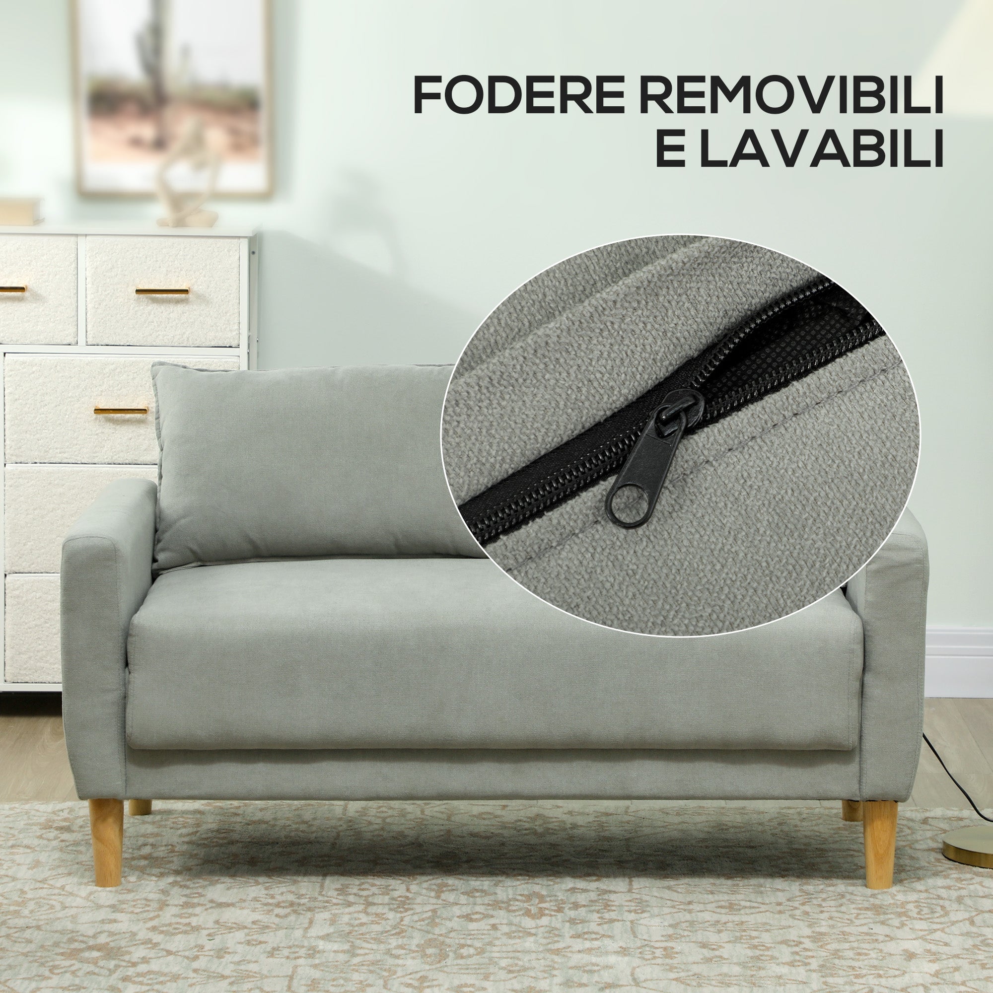 2-Seater Fabric Sofa with Armrests, Storage Compartment, and 2 Removable Cushions, Modern Upholstered Loveseat with Wooden Legs for Living Room, Lounge, and Bedroom, Gray