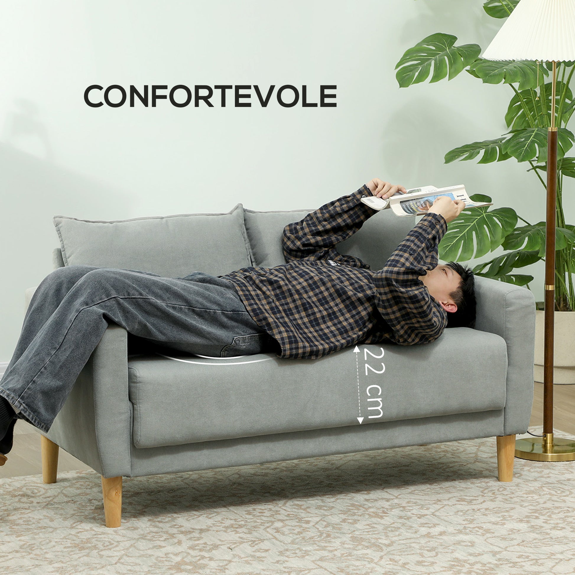 2-Seater Fabric Sofa with Armrests, Storage Compartment, and 2 Removable Cushions, Modern Upholstered Loveseat with Wooden Legs for Living Room, Lounge, and Bedroom, Gray
