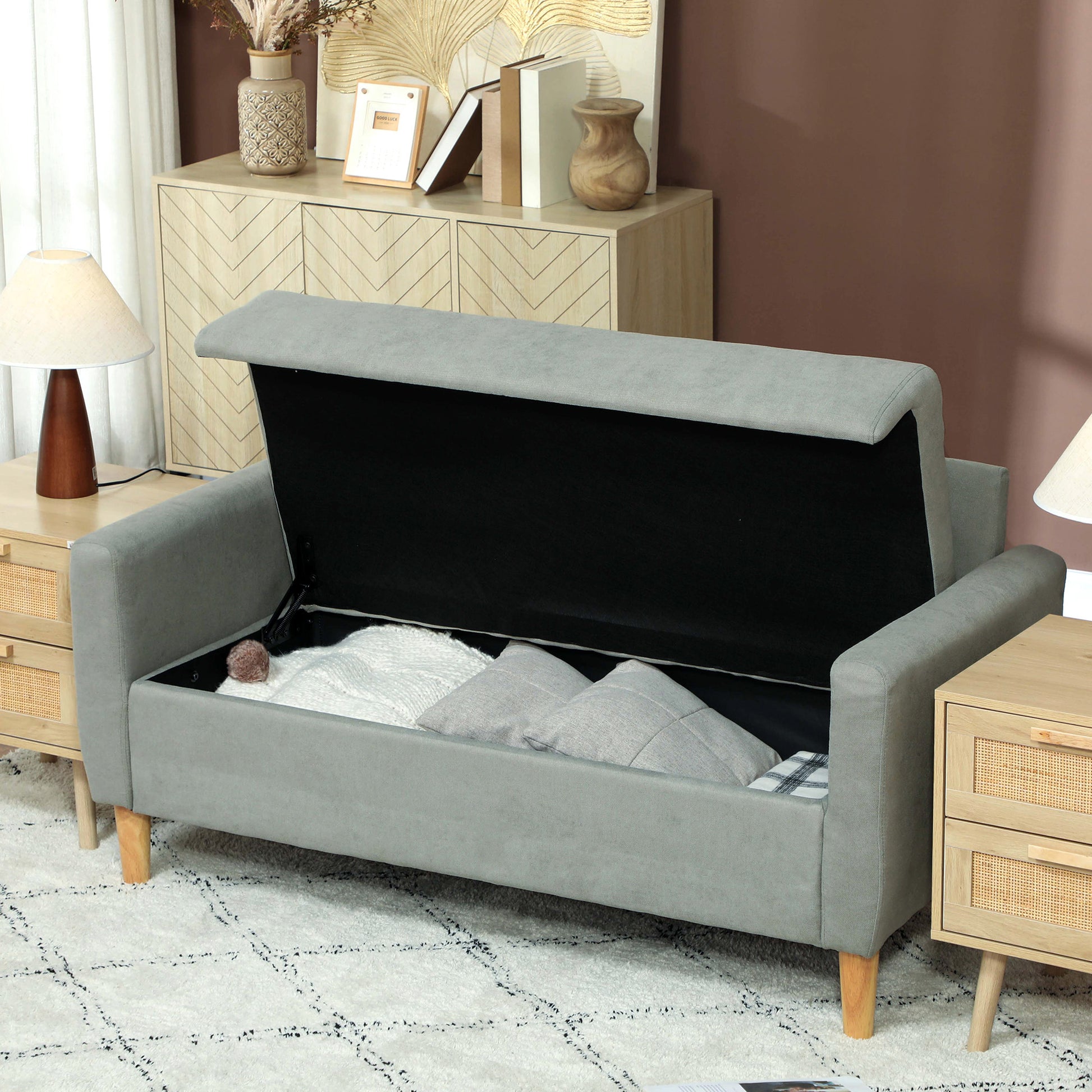 2-Seater Fabric Sofa with Armrests, Storage Compartment, and 2 Removable Cushions, Modern Upholstered Loveseat with Wooden Legs for Living Room, Lounge, and Bedroom, Gray